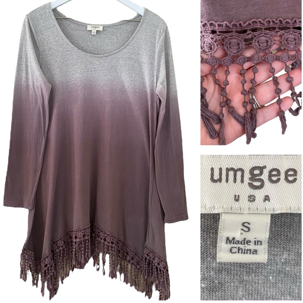 Umgee Gray & Purple Ombré Fringe Detail Tunic‎ Blouse Size Small